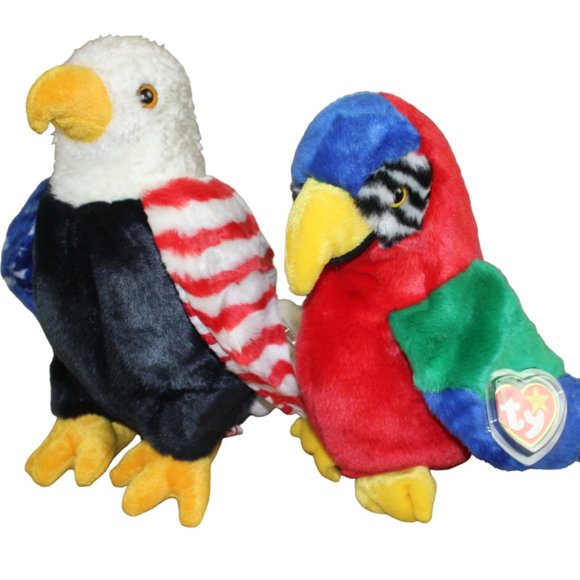 Ty Beanie Buddy Soar Patriotic Eagle Jabber Parrot Bird Plush Set Large 12